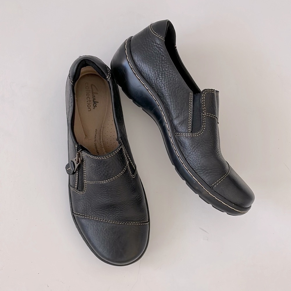 Clark’s Cora Harbor Boho Slip On Leather Comfort Shoes Black 6.5